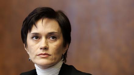 Jewgenia Kara-Mursa, Menschenrechtsaktivistin und Ehefrau des politischen Gefangenen Wladimir Kara-Mursa, spricht im März 2024 auf einer Pressekonferenz, die von der Genfer Vereinigung der Korrespondenten der Vereinten Nationen (ACANU) organisiert wurde, am europäischen Hauptsitz der Vereinten Nationen. 