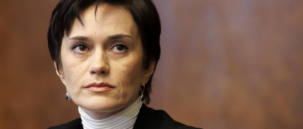 Jewgenia Kara-Mursa, Menschenrechtsaktivistin und Ehefrau des politischen Gefangenen Wladimir Kara-Mursa, spricht im März 2024 auf einer Pressekonferenz, die von der Genfer Vereinigung der Korrespondenten der Vereinten Nationen (ACANU) organisiert wurde, am europäischen Hauptsitz der Vereinten Nationen.
