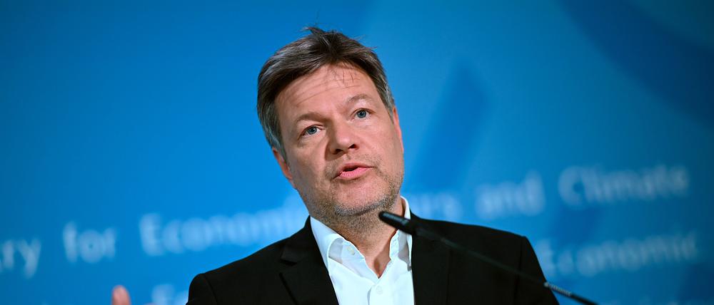Robert Habeck (Bündnis 90/Die Grünen), Vizekanzler und Bundesminister für Wirtschaft und Klimaschutz, spricht in ein Mikrofon.