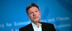 Robert Habeck (Bündnis 90/Die Grünen), Vizekanzler und Bundesminister für Wirtschaft und Klimaschutz, spricht in ein Mikrofon.