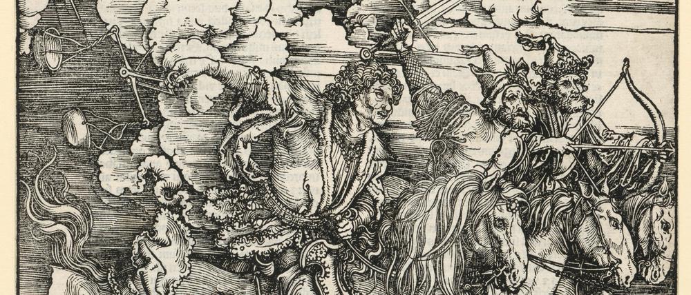 Albrecht Dürers Holzschnitt „Die vier Reiter der Apokalypse“(1497/98).
