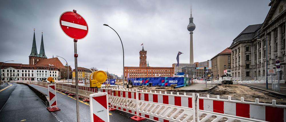 Baustelle des neuen Quartiers Molkenmarkt hinter dem Roten Rathaus in Berlin