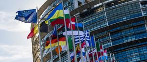 Die Flaggen der Europäischen Union, der Ukraine und der Mitgliedsstaaten der EU wehen vor dem Gebäude des Europäischen Parlaments in Straßburg. 