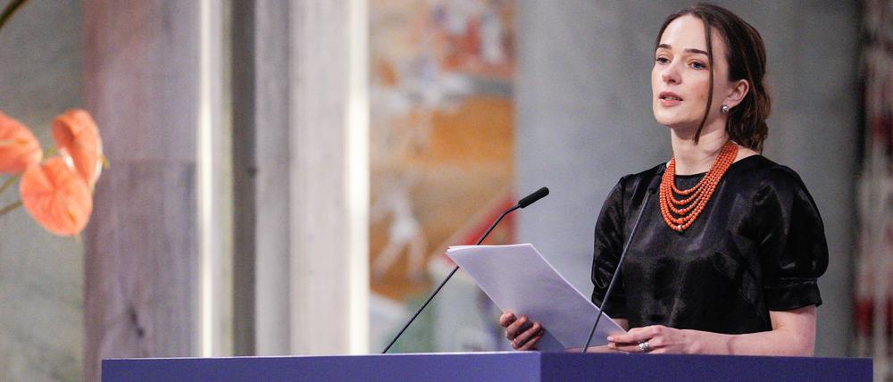 Die Vertreterin der ukrainischen Organisation Center for Civil Liberties (CCL), Oleksandra Matwijtchuk, spricht bei der Verleihung des Friedensnobelpreises 2022.