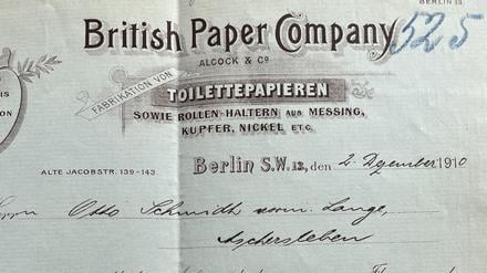 Rechnung des Berliner-Toilettenpapier- und Rollenhalter-Herstellers British Paper Company aus dem Jahr 1910.  