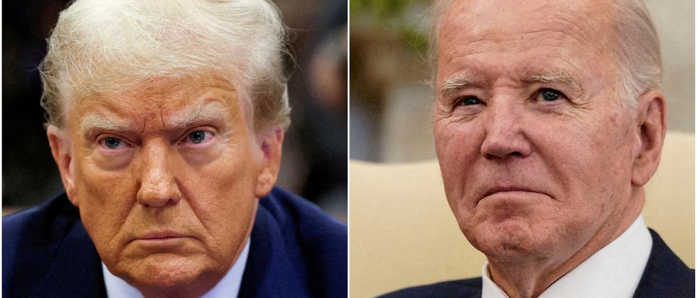 FILE PHOTO: Combination picture showing former U.S. President Donald Trump attending the Trump Organization civil fraud trial, in New York State Supreme Court in the Manhattan borough of New York City, U.S., November 6, 2023 and U.S. President Joe Biden participating in a meeting with Italy's Prime Minister Giorgia Meloni in the Oval Office at the White House in Washington, U.S., March 1, 2024. REUTERS/Brendan McDermid and Elizabeth Frantz/File Photo