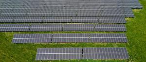 08.04.2024, Sachsen, Leisnig: Ein Solarpark steht auf einem Feld. (Luftaufnahme mit Drohne) (zu dpa: «Verbände fordern Ampel zur Verabschiedung des Solarpakets auf») Foto: Jan Woitas/dpa +++ dpa-Bildfunk +++
