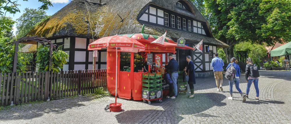 Eine Verkaufsstelle von Karls Erdbeerhof am U-Bahnhof Dahlem Dorf in Berlin.