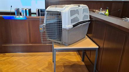 Eine Hundebox steht im Verhandlungssaal vom Landesgericht Krems während des Prozesses u.a. wegen versuchten Mordes gegen eine Mutter, die ihr Kind gequält und in eine Hundebox gesperrt haben soll.