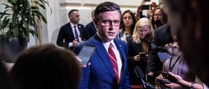Mike Johnson (R-LA) speaks to the press following a House Conference meeting to discuss Iran’s attack on Israel at the U.S. Capitol in Washington, DC. Israel has stated that it has no choice but to respond to the unprecedented missile and drone attack launched by Iran over the weekend.   Anna Rose Layden/Getty Images/AFP (Photo by Anna Rose Layden / GETTY IMAGES NORTH AMERICA / Getty Images via AFP)