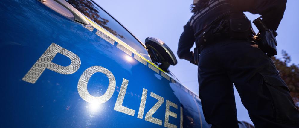 Symbolbild eines Polizeiwagens mit Beamtin davor