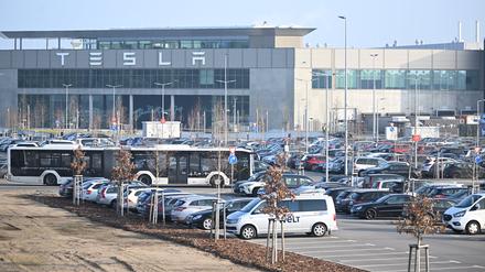 ARCHIV - 13.03.2024, Brandenburg, Grünheide: Die Morgensonne scheint auf den Eingang zum Tesla-Werk. (zu dpa: «Drohender Stellenabbau bei Tesla: Opposition fordert rasches Handeln») Foto: Sebastian Gollnow/dpa +++ dpa-Bildfunk +++