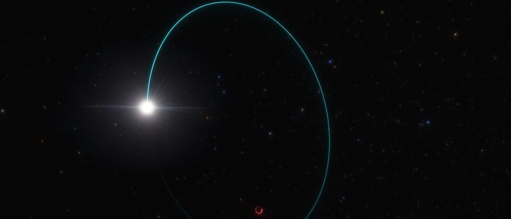 Diese künstlerische Darstellung zeigt die Bahnen des Sterns und des schwarzen Lochs, „Gaia BH3“ genannt, um ihr gemeinsames Massenzentrum.