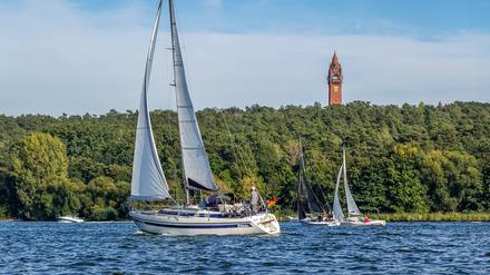 Der Grunewaldturm steht am Ufer der Havel. An einem Ort kann man gleichzeitig durch alle vier Fenster gucken - den so genannten Vier-Fenster-Blick.