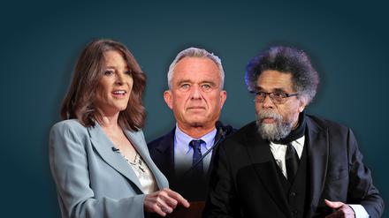 Joe Biden und Donald Trump sind die klaren Favoriten des US-Wahlkampfes. Trotzdem sind einige Kandidaten im Rennen, die den beide Stimmen kosten könnten. Hier im Bild: Marianne Williamson, JFK jr. und  Cornel West.