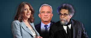 Joe Biden und Donald Trump sind die klaren Favoriten des US-Wahlkampfes. Trotzdem sind einige Kandidaten im Rennen, die den beide Stimmen kosten könnten. Hier im Bild: Marianne Williamson, JFK jr. und  Cornel West.