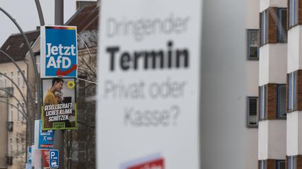 Wahlplakate der Parteien AfD, Bündnis 90/Die Grünen und Die Linke zur damaligen Teil-Wiederholung der Bundestagswahl hängen im Stadtteil Pankow an Laternenmasten. 