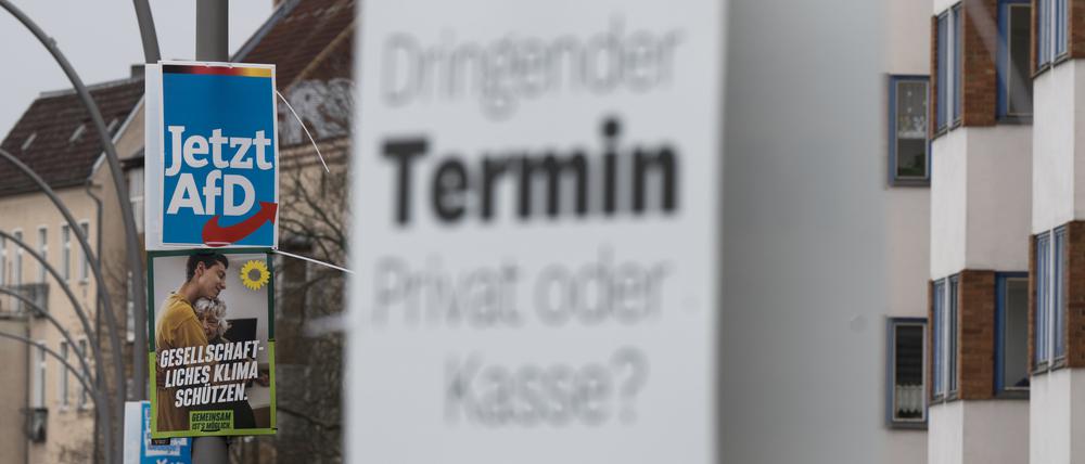 Wahlplakate der Parteien AfD, Bündnis 90/Die Grünen und Die Linke zur damaligen Teil-Wiederholung der Bundestagswahl hängen im Stadtteil Pankow an Laternenmasten.