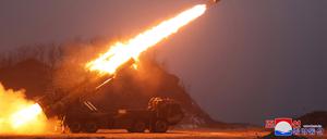 Die von der staatlichen nordkoreanischen Nachrichtenagentur KCNA am 31.01.2024 zur Verfügung gestellte Aufnahme zeigt nach Angaben von KCNA den Test eines Marschflugkörpers vom Typ «Hwasal-2». 