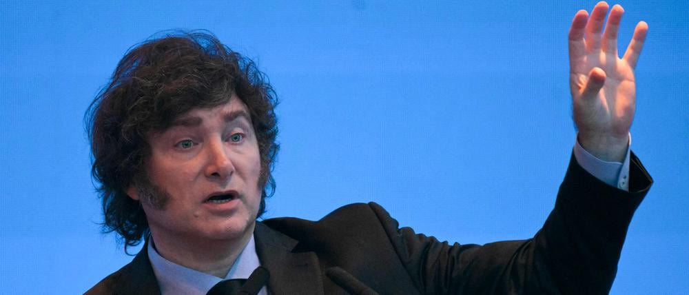 Argentinens Präsident Javier Miei bei einer Rede während des International Economic Forum of the Americas (IEFA) in Buenos Aires Ende März.