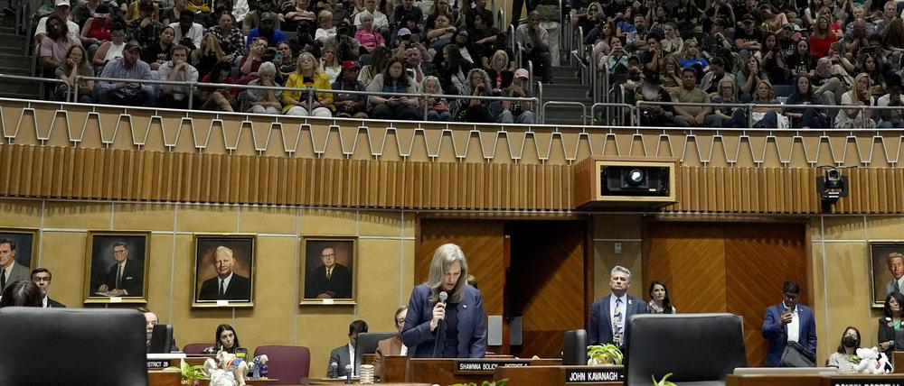 Die Senatorin des Bundesstaates Arizona, Shawnna Bolick, R-Distrikt 2, spricht im Kapitol in Phoenix. Die Demokraten haben im Senat von Arizona genügend Stimmen erhalten, um ein aus der Zeit des Bürgerkriegs stammendes Abtreibungsverbot aufzuheben, das der Oberste Gerichtshof des Bundesstaates vor kurzem in Kraft treten ließ. 