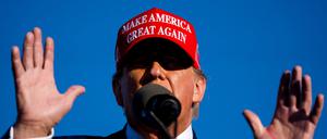 FREELAND, MICHIGAN - MAY 1: Republican presidential candidate, former U.S. President Donald Trump speaks during a rally on May 1, 2024 at Avflight Saginaw in Freeland, Michigan. Saginaw County is considered a swing county in Michigan and was the site of a September 2020 campaign visit by Trump.   Nic Antaya/Getty Images/AFP (Photo by Nic Antaya / GETTY IMAGES NORTH AMERICA / Getty Images via AFP)