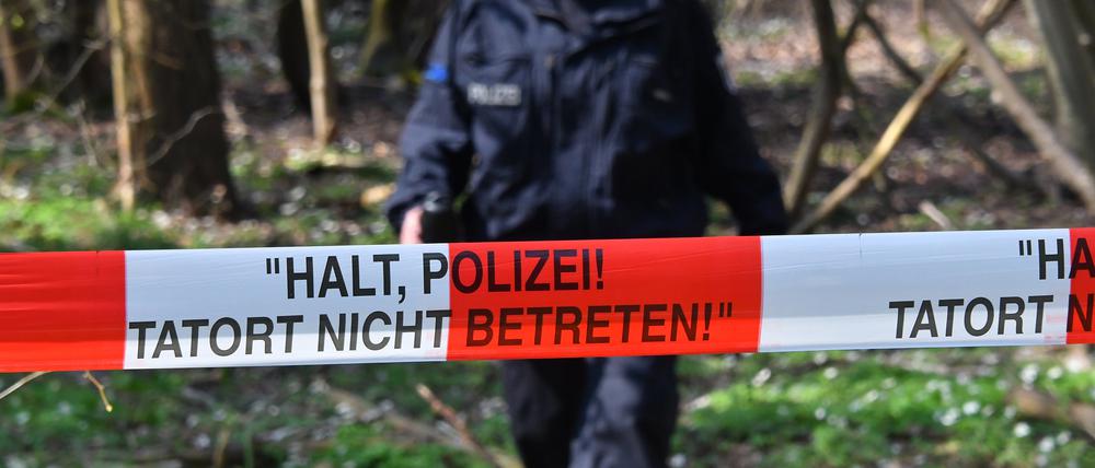 Symbolbild: Eine Polizeibeamtin läuft in einem Waldgebiet bei Brieselang hinter einem Absperrband der Polizei entlang. «
