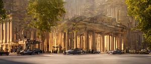 Ein futuristisches Brandenburger Tor aus Holz, erstellt mit dem KI-Programm Midjourney.