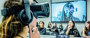 Students in a cutting-edge classroom, showcasing Human-AI collaboration tools for innovative learning