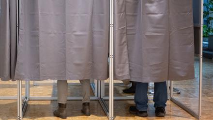 Zwei Wähler in Wahlkabinen.
