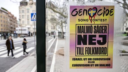 Protestplakat gegen die Teilnahme Israels am Eurovision Song Contest: „Malmö sagt Nein zu Völkermord“.