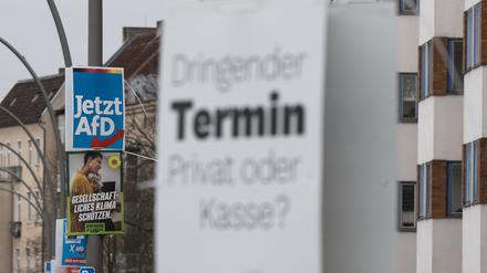 Wahlplakate der Parteien AfD, Bündnis 90/Die Grünen und Die Linke zur Teil-Wiederholung der Bundestagswahl hängen im Stadtteil Pankow an Laternenmasten.