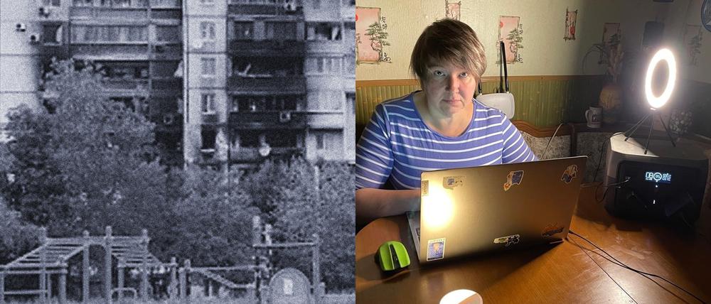 Angst und Arbeit. Yulia Kasparova (r.) an ihrem Laptop, daneben ihr von russischen Raketen beschädigtes Nachbarhaus.