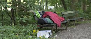 Ein Obdachloser liegt am frühen Morgen auf einer Bank im Tiergarten. 