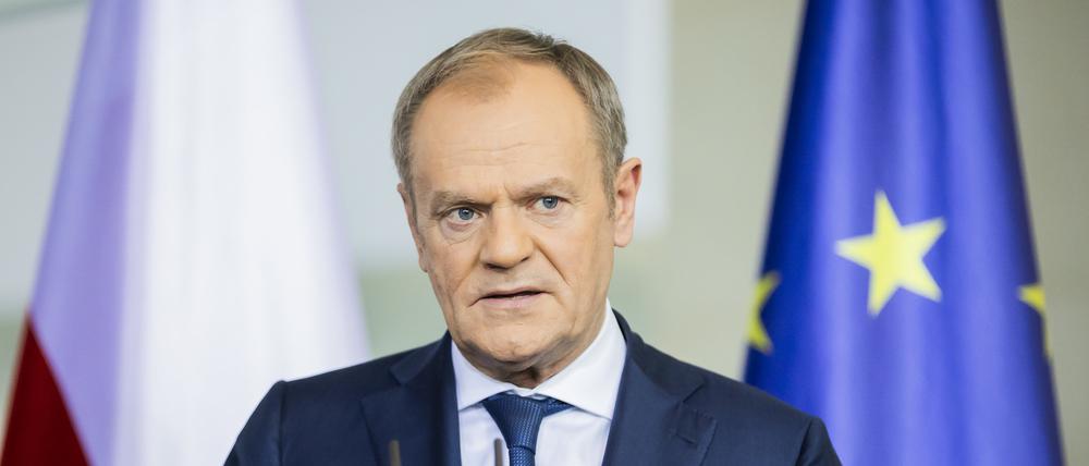 Donald Tusk, Ministerpräsident von Polen, äußert sich bei einem Pressestatement nach einem gemeinsamen Gespräch im Bundeskanzleramt in Berlin, 15.03.2024.