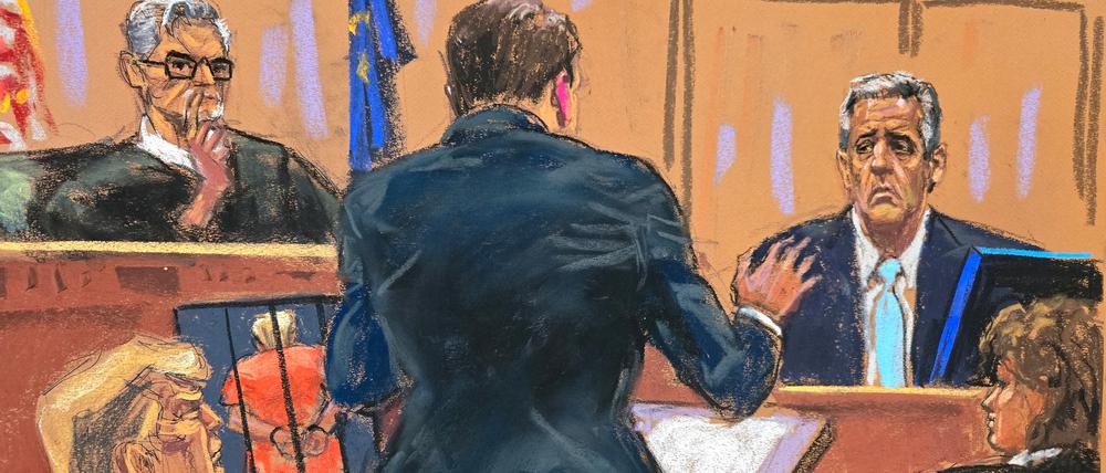 Michael Cohen is cross examined by defense lawyer Todd Blanche before Justice Juan Merchan, as former U.S. President Donald Trump watches during Trump's criminal trial on charges that he falsified business records to conceal money paid to silence porn star Stormy Daniels in 2016, in Manhattan state court in New York City, U.S. May 14, 2024 in this courtroom sketch. REUTERS/Jane Rosenberg