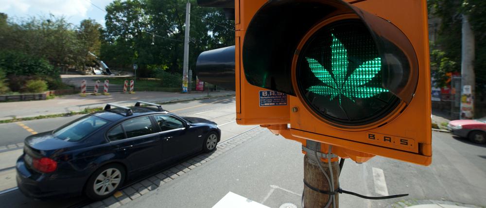 Nach dem Cannabis-Konsum sollen künftig Grenzwerte im Straßenverkehr gelten. Aktivisten haben den negativen Scherenschnitt eines Cannabis-Blattes auf das Grün einer Behelfsampel in Leipzig geklebt.