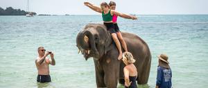 Auf der thailändischen Insel Koh Chang reiten ausländische Kinder auf einem Elefanten, umgeben von ihren Eltern, während sie ein Elefantenbad nehmen. 