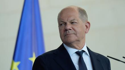 Bundeskanzler Olaf Scholz am Freitag bei einer Pressekonferenz mit der Präsidentin der Republik Moldau, Maia Sandu, im Kanzleramt.