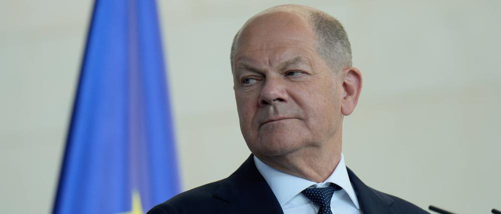 Bundeskanzler Olaf Scholz am Freitag bei einer Pressekonferenz mit der Präsidentin der Republik Moldau, Maia Sandu, im Kanzleramt.
