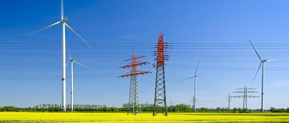 Strommasten, Windräder und Rapsfelder in Curslack, Hamburg.