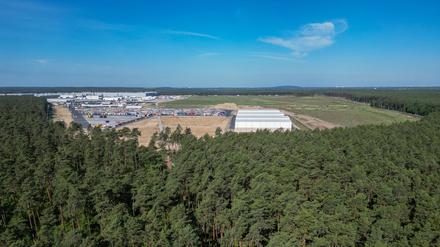 17.05.2024, Brandenburg, Grünheide OT Fangschleuse: Dichter Wald steht am östlichen Teil des Werksgeländes der Tesla Gigafactory (Aufnahme mit einer Drohne). Gemeindevertreter von Grünheide hatten am Donnerstagabend einen Bebauungsplan beschlossen, der den Weg für eine Erweiterung des Tesla-Werkes freimacht. Der Autohersteller will sein Gelände um einen Güterbahnhof und Logistikflächen vergrößern. Foto: Soeren Stache/dpa +++ dpa-Bildfunk +++