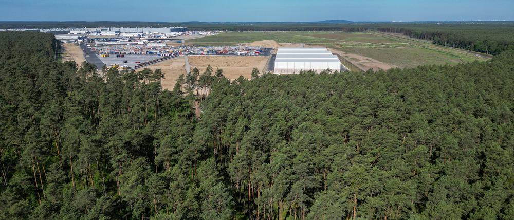 17.05.2024, Brandenburg, Grünheide OT Fangschleuse: Dichter Wald steht am östlichen Teil des Werksgeländes der Tesla Gigafactory (Aufnahme mit einer Drohne). Gemeindevertreter von Grünheide hatten am Donnerstagabend einen Bebauungsplan beschlossen, der den Weg für eine Erweiterung des Tesla-Werkes freimacht. Der Autohersteller will sein Gelände um einen Güterbahnhof und Logistikflächen vergrößern. Foto: Soeren Stache/dpa +++ dpa-Bildfunk +++