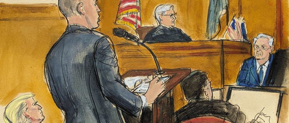 Die Zeichnung aus dem Gericht zeigt Donald Trump (l) beim zusehen, wie Verteidiger Emil Bove Robert Costello (r) befragt. Richter Juan Merchan führt den Vorsitz im Strafgericht von Manhattan.
