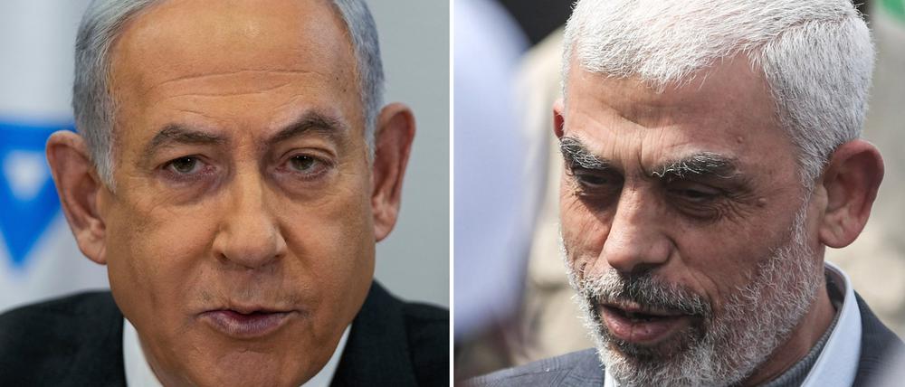 Die Bildkombo zeigt Benjamin Netanjahu, Ministerpräsident von Israel (l, Archivfoto vom 24.12.2023) und den Anführer der Terrororganisation Hamas im Gazastreifen, Jihia al-Sinwar, (Archivfoto vom 30.03.2022).