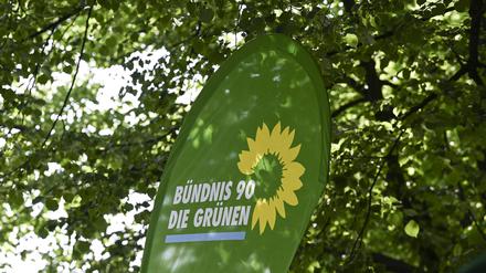ARCHIV - 26.05.2023, Brandenburg, Potsdam: Das Logo von Bündnis90/Die Grünen bei der Eröffnung eines Grünen-Büros. (zu dpa: «Grünen-Spitze fordert «Task-Force» zur Sammlung von Material zur AfD») Foto: Jens Kalaene/dpa +++ dpa-Bildfunk +++