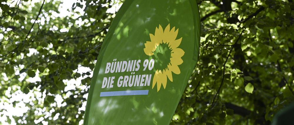 ARCHIV - 26.05.2023, Brandenburg, Potsdam: Das Logo von Bündnis90/Die Grünen bei der Eröffnung eines Grünen-Büros. (zu dpa: «Grünen-Spitze fordert «Task-Force» zur Sammlung von Material zur AfD») Foto: Jens Kalaene/dpa +++ dpa-Bildfunk +++