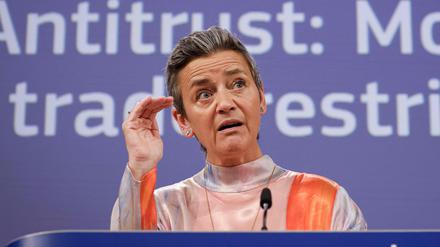 EU-Kommissionsvizepräsidentin Margrethe Vestager bei einer Pressekonferenz am Donnerstag am EU-Hauptsitz in Brüssel.