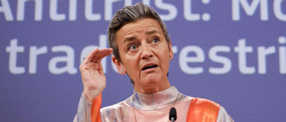 EU-Kommissionsvizepräsidentin Margrethe Vestager bei einer Pressekonferenz am Donnerstag am EU-Hauptsitz in Brüssel.