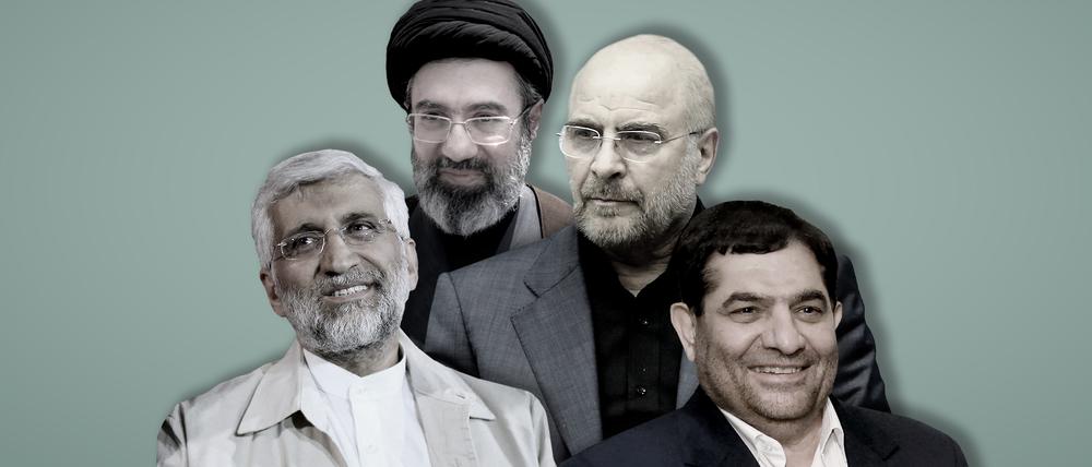 Mögliche Nachfolger für den verstorbenen iranischen Präsidenten (v.l.n.r.): Said Dschalili, Modschtaba Chamenei, Mohammad Bagher Ghalibaf und Mohammad Mochber.